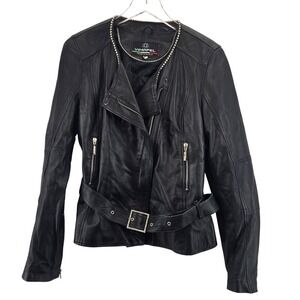 Vimapel Black Leather Moto Jacket Rhinestone Collar Belted Made in Italy Medium